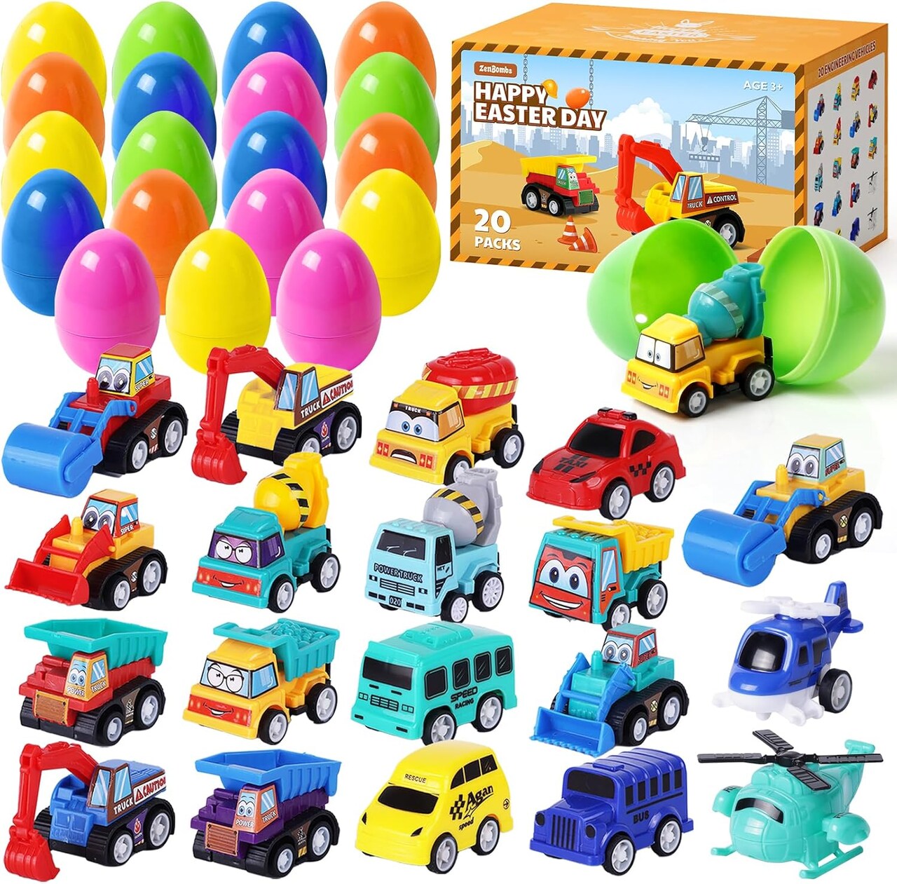 Easter Eggs with Toys Inside-20 PCS Colorful Plastic Easter Eggs Filled with Toy Vehicles for Kids-Surprise Egg for Easter Egg Hunt, Basket Stuffers and Birthday Party Favors